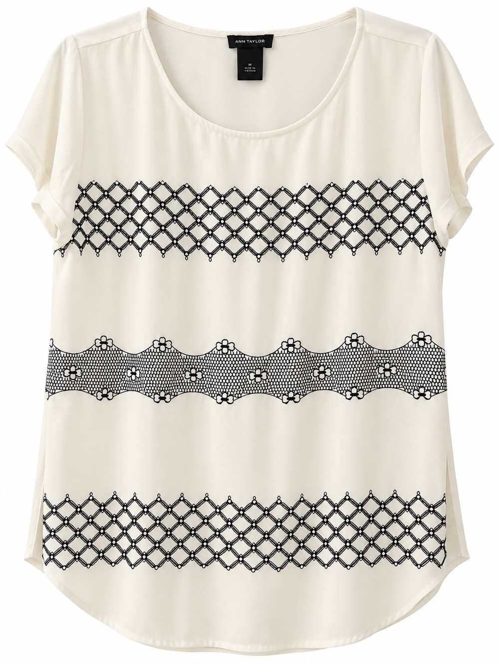Ann Taylor Black & White Embroidered Short Sleeve Blouse Top Size Medium